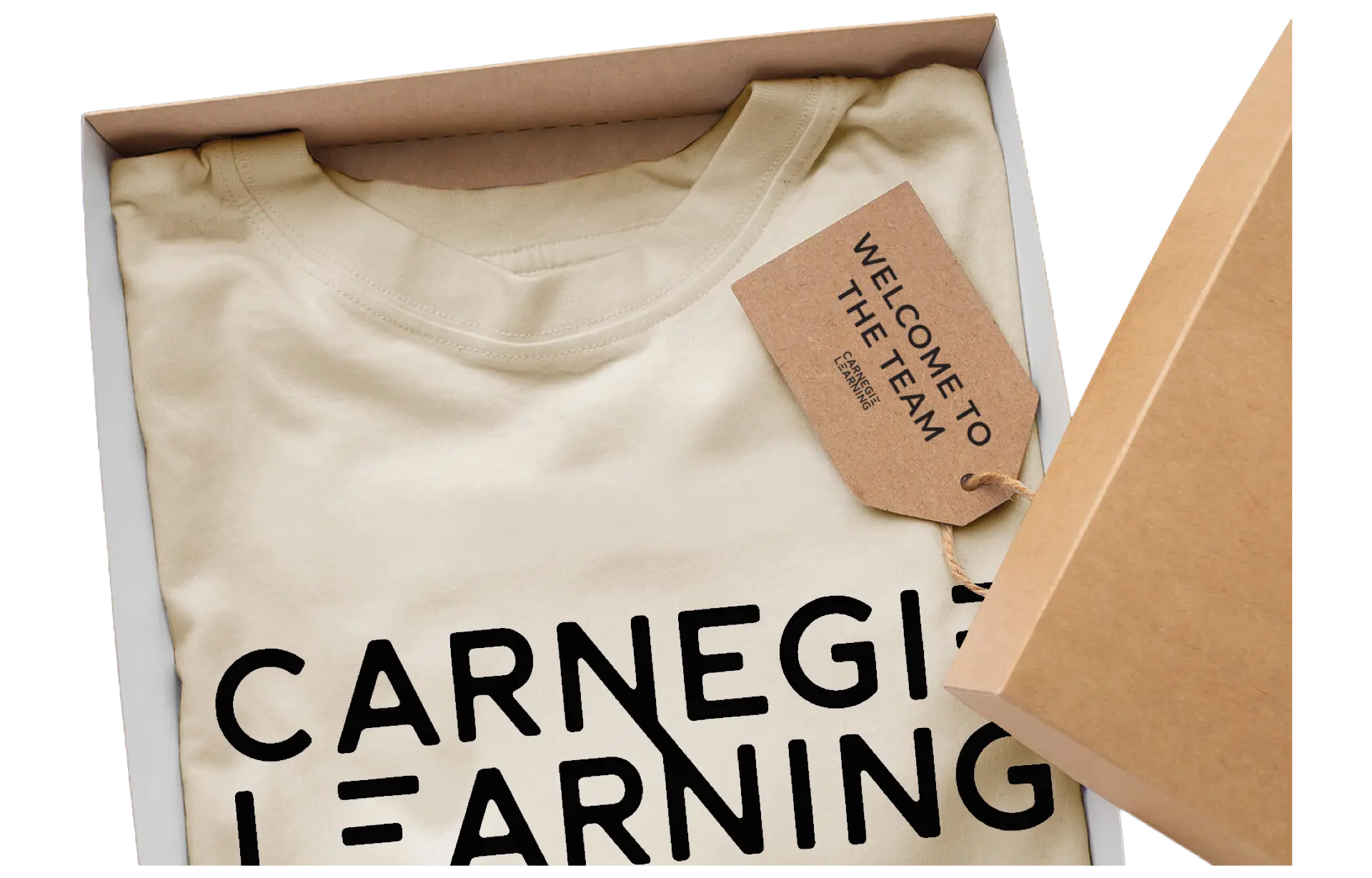 Branded tee packed in a gift box with a Welcome to the Team tag